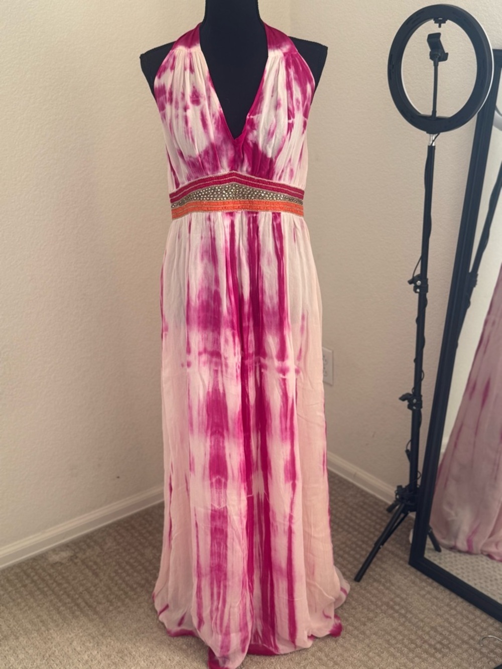 Boston Proper NWT Pink Tie Dye Maxi Dress Embellished Waist V-Neck Boho Size 8